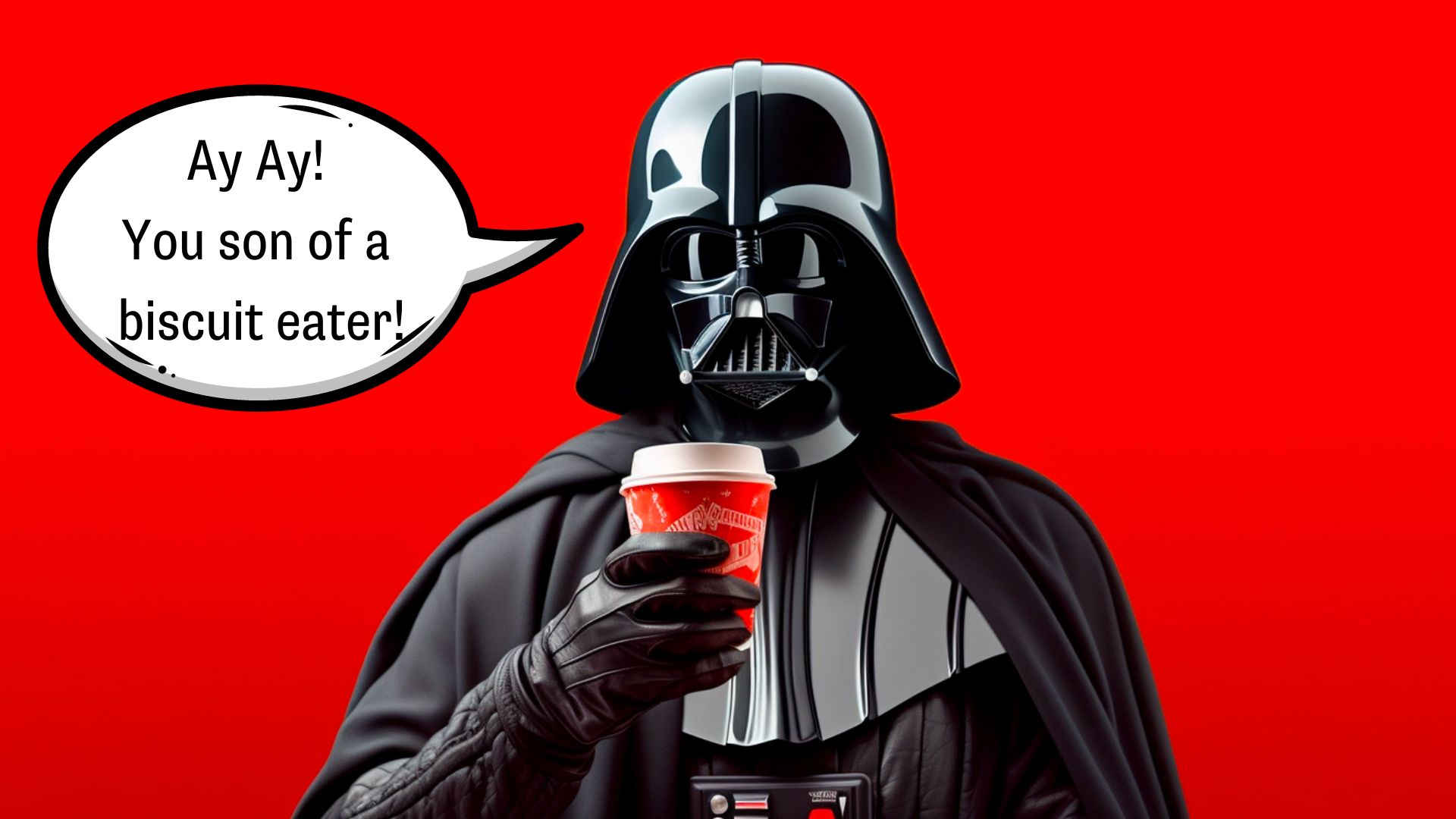 Darth Vader hält einen Kaffee und spricht wie ein Pirat